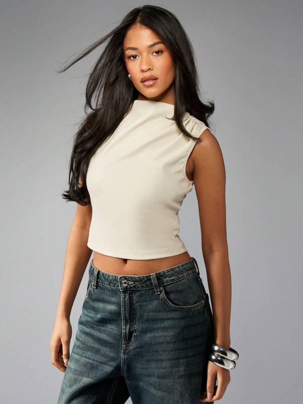 missguided MISSGUIDED Sleeveless High Neck Crop Tank Top With Ruffle Detail
