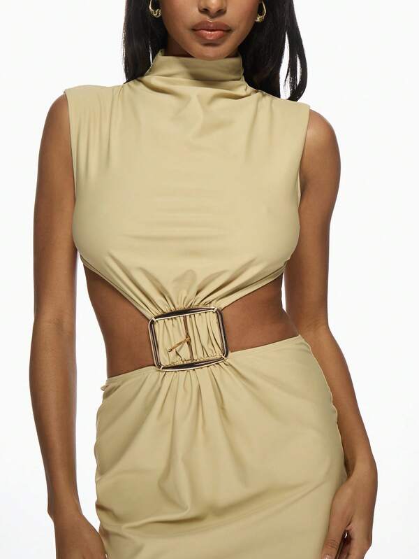 Missguided MISSGUIDED Sleeveless High Neck Cut Out Mini Dress Statement Belt Detail
