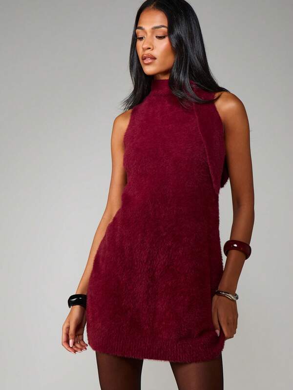 missguided MISSGUIDED Sleeveless High Neck Fuzzy Mini Dress