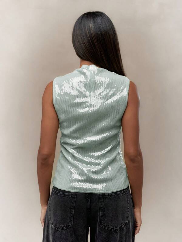 Missguided MISSGUIDED Sleeveless High Neck Sequin Tank Top