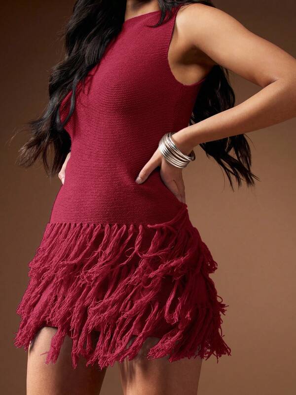Missguided MISSGUIDED Sleeveless Knit Mini Dress With Fringe Tassels