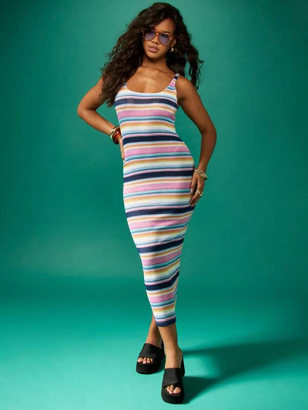 Missguided MISSGUIDED Sleeveless Knit Striped Body-Hugging Midi Dress