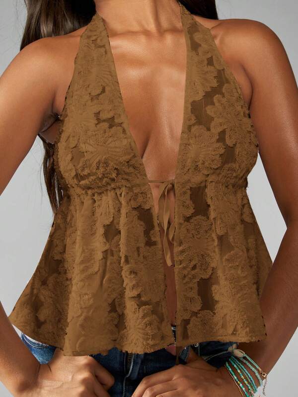 Missguided MISSGUIDED Sleeveless Lace Halter Neck Tie Front Peplum Women Blouse