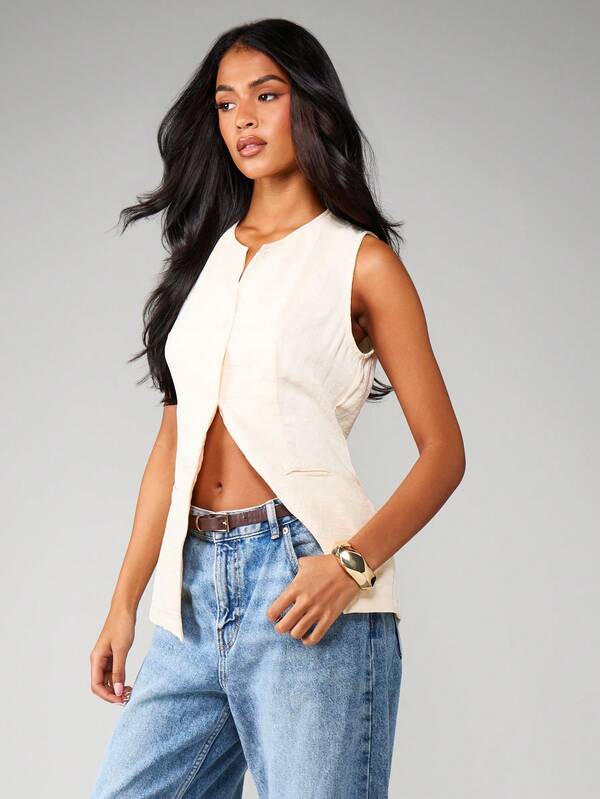 Missguided MISSGUIDED Sleeveless Linen Feel Longline Vest With Pockets