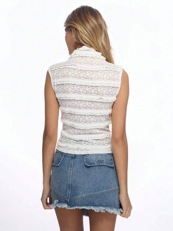 Missguided MISSGUIDED Sleeveless Mock Neck Lace Top With Ruffle Detail