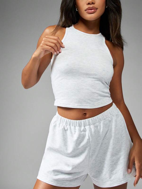 Missguided MISSGUIDED Sleeveless Racer Neck Crop Top High Waist Shorts Athleisure Two Piece