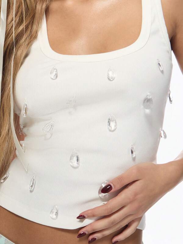 Missguided MISSGUIDED Sleeveless Ribbed Crystal Tank Top Camisole