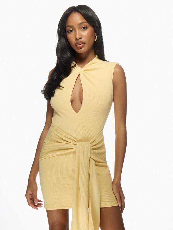 missguided MISSGUIDED Sleeveless Ribbed Knit Bodycon Mini Dress With Keyhole Twist Front