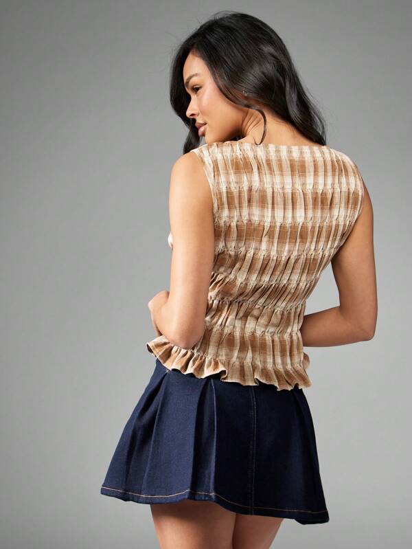 Missguided MISSGUIDED Sleeveless Ruched Smocked Plaid Pattern Ruffled Hem Crop Tank Women Tops
