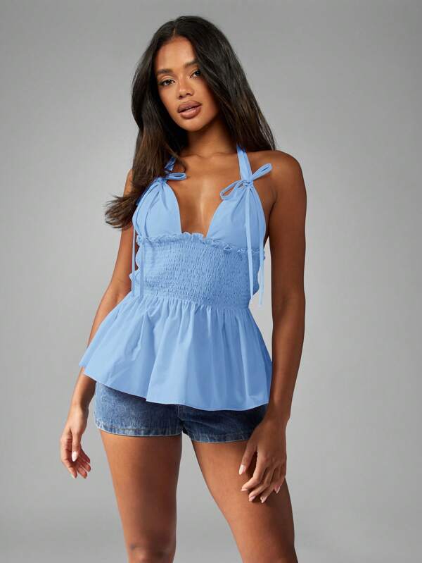 Missguided MISSGUIDED Sleeveless Smocked Peplum Blouse Tie Strap