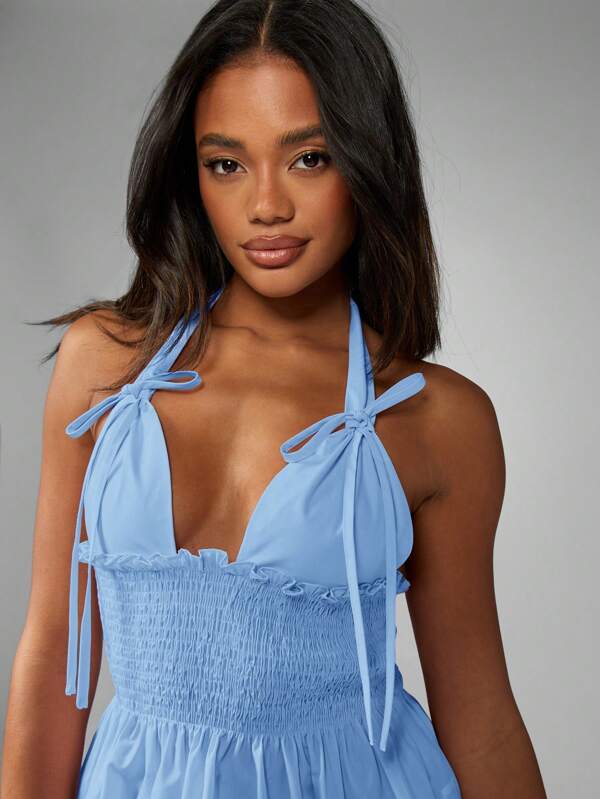 Missguided MISSGUIDED Sleeveless Smocked Peplum Blouse Tie Strap