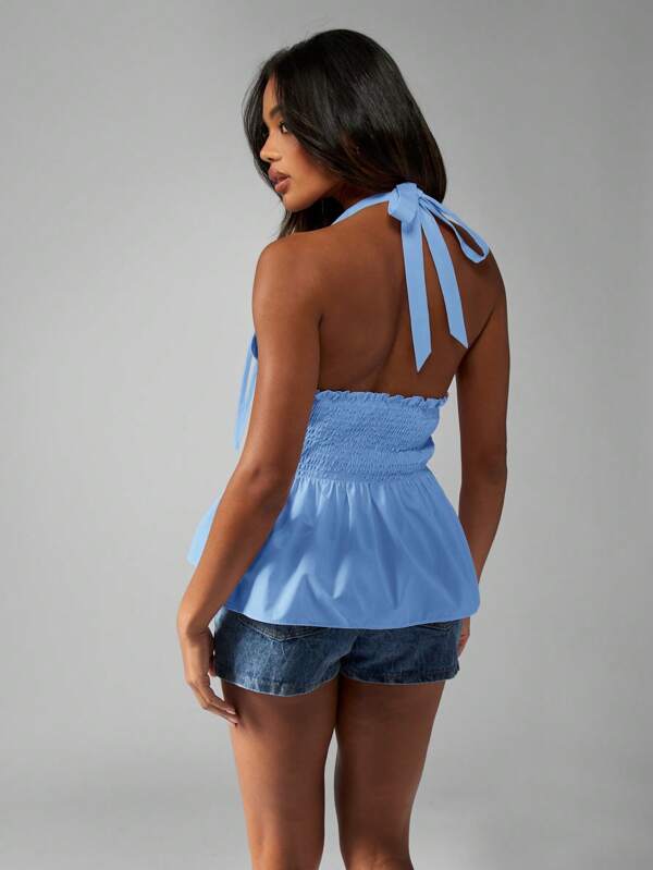 Missguided MISSGUIDED Sleeveless Smocked Peplum Blouse Tie Strap