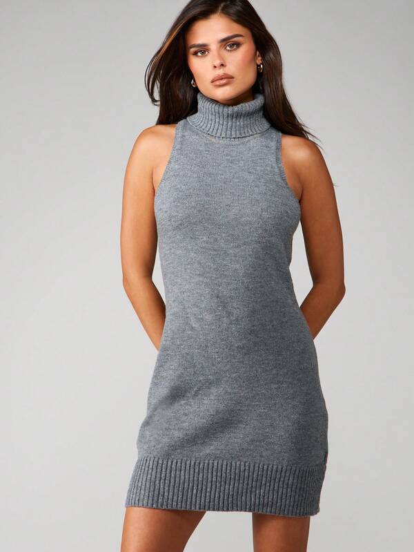 Missguided MISSGUIDED Sleeveless Turtleneck Ribbed Knit Mini Dress