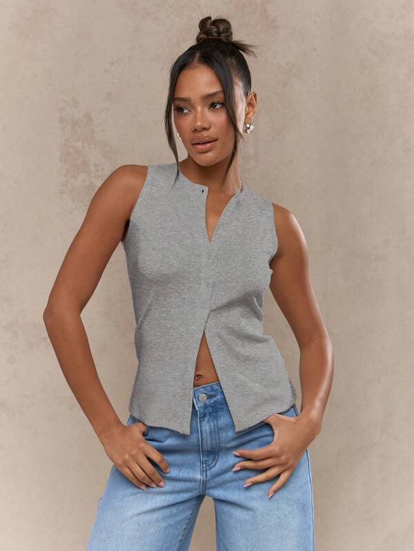 missguided MISSGUIDED Sleeveless V Neck Tank Top With Split Front