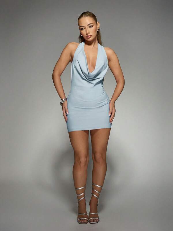 Missguided MISSGUIDED Slinky Cowl Neck Halter Mini Dress