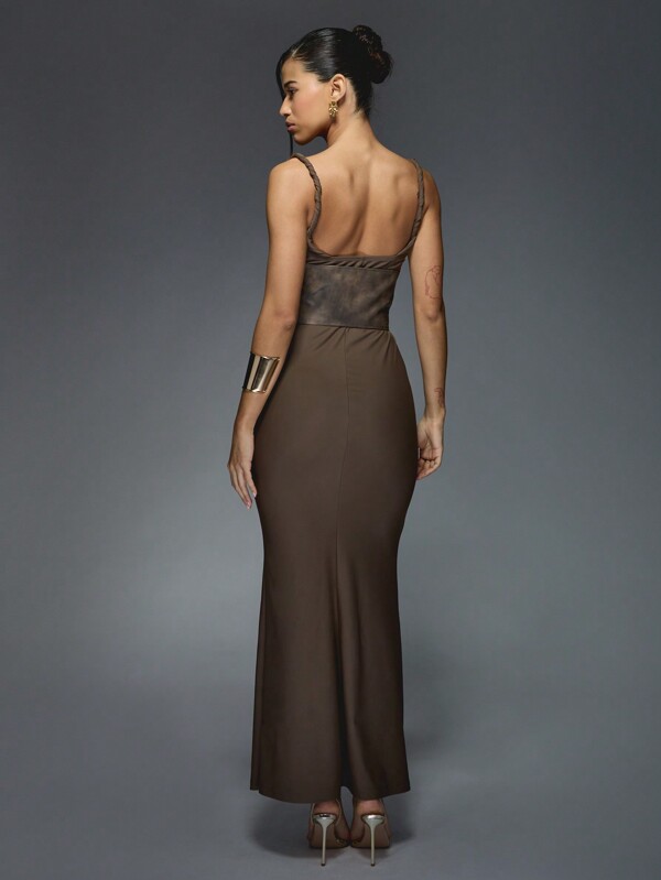 Missguided MISSGUIDED Slinky Cowl Neck Twist Strap Flare Hem Maxi Dress Faux Leather Lace Up Belted Waist Detail
