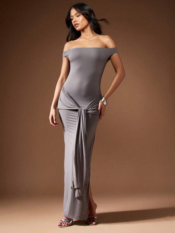 missguided MISSGUIDED Slinky Off Shoulder Flutter Sleeve Elegant Maxi Dress