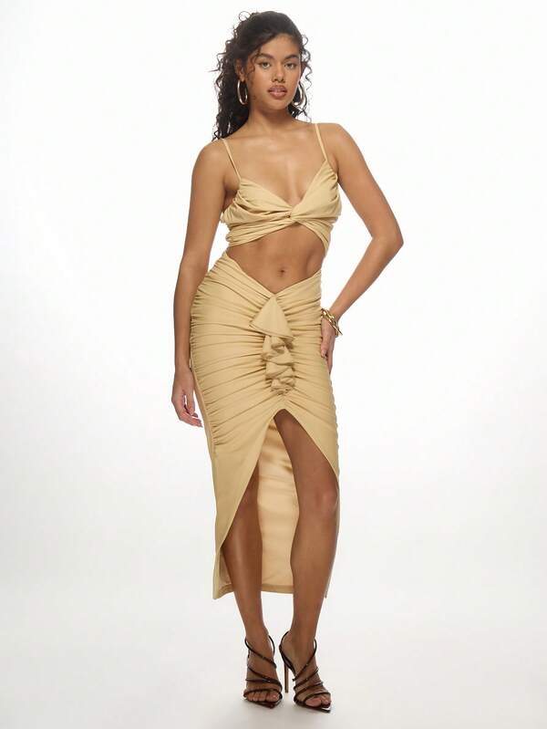 Missguided MISSGUIDED Slinky Twist Front Cut Out Ruched Side Split Maxi Dress