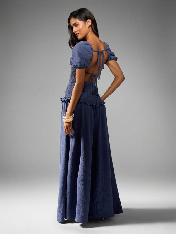 Missguided MISSGUIDED Smocked Bodice Maxi Dress With Puff Sleeves And Open Back
