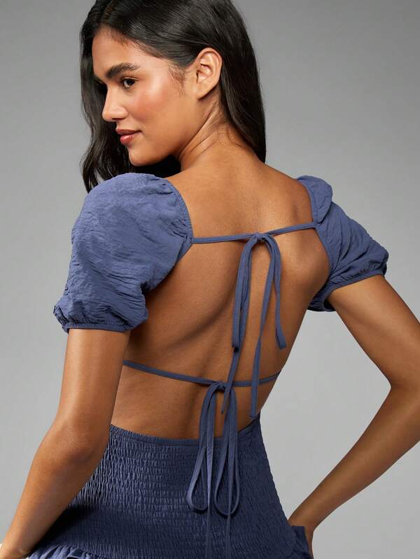 Missguided MISSGUIDED Smocked Bodice Maxi Dress With Puff Sleeves And Open Back