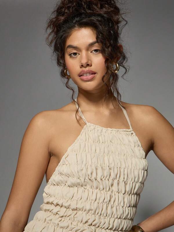 Missguided MISSGUIDED Smocked Bodycon Halter Neck Mini Dress With Ruffle Hem