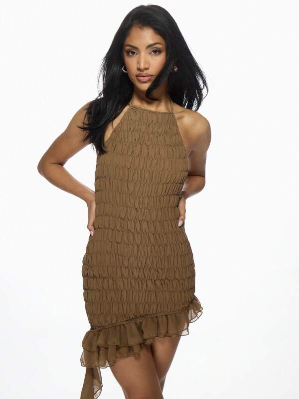 missguided MISSGUIDED Smocked Bodycon Ruffle Hem Asymmetric Halter Neck Mini Dress