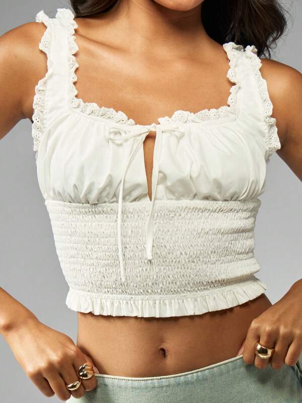 missguided MISSGUIDED Smocked Cami Top With Eyelet Lace Trim