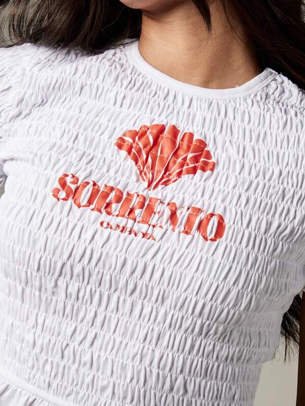 Missguided MISSGUIDED Smocked Cotton T Shirt With Ruffle Hem Logo Print