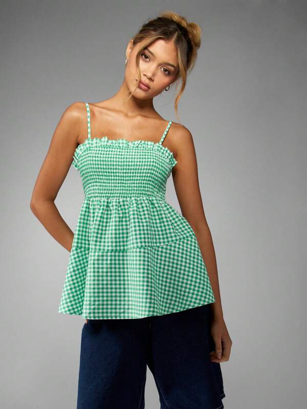 missguided MISSGUIDED Smocked Gingham Women Tops Featuring Ruffle Trim