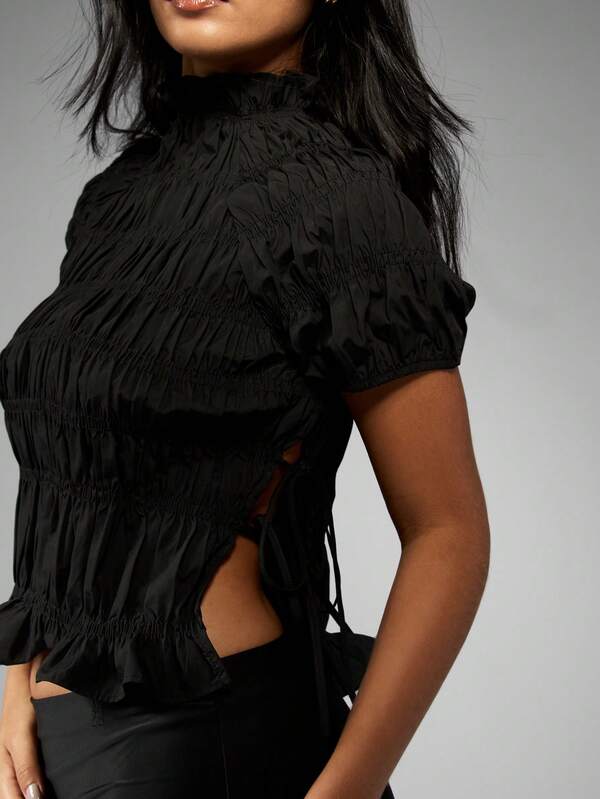Missguided MISSGUIDED Smocked High Neck Puff Sleeve Crop Top