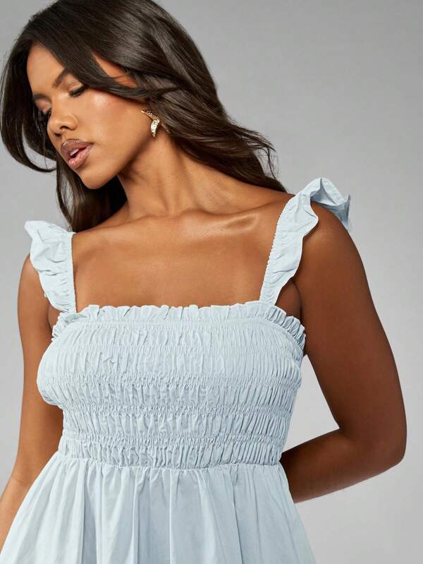 Missguided MISSGUIDED Smocked Poplin Mini Dress With Ruffle Straps