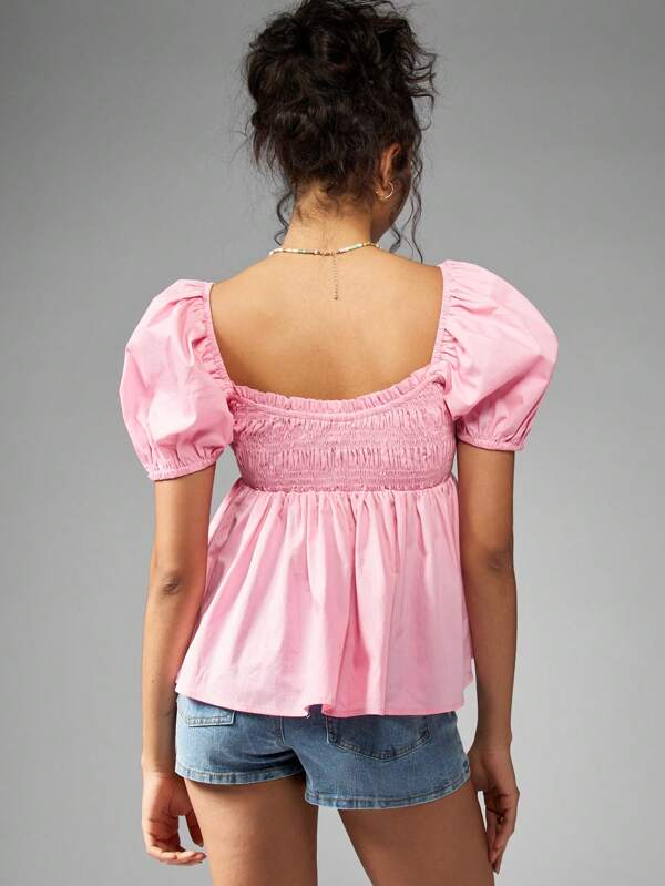 Missguided MISSGUIDED Smocked Puff Sleeve Peplum Blouse With Square Neck