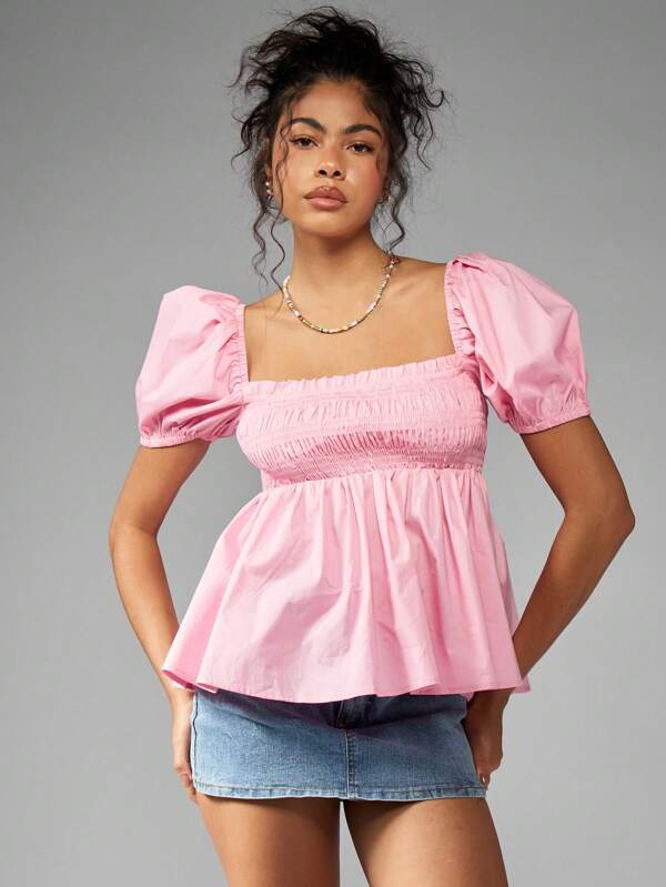 missguided MISSGUIDED Smocked Puff Sleeve Peplum Blouse With Square Neck