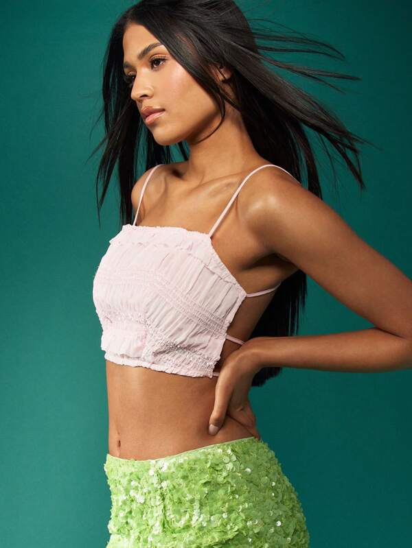 missguided MISSGUIDED Smocked Ruffle Elastic Versatile Sleeveless Tops