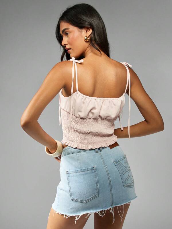 Missguided MISSGUIDED Smocked Ruffle Trim Cami Top With Tie Straps