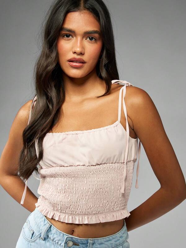 Missguided MISSGUIDED Smocked Ruffle Trim Cami Top With Tie Straps