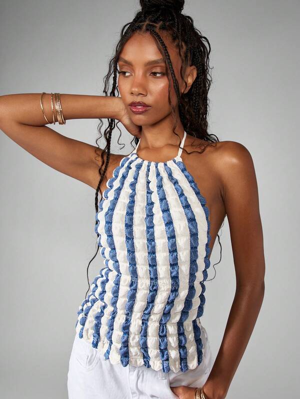 Missguided MISSGUIDED Smocked Textured Halter Neck Top