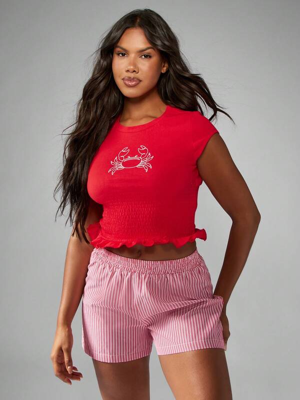 Missguided MISSGUIDED Smocked Waist Crop T-Shirt With Crab Print