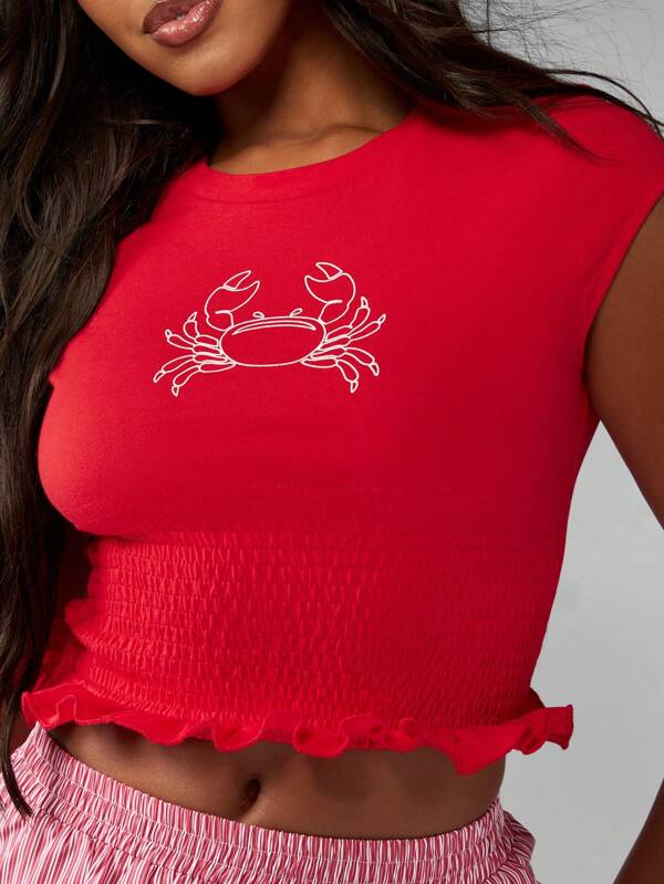 missguided MISSGUIDED Smocked Waist Crop T-Shirt With Crab Print