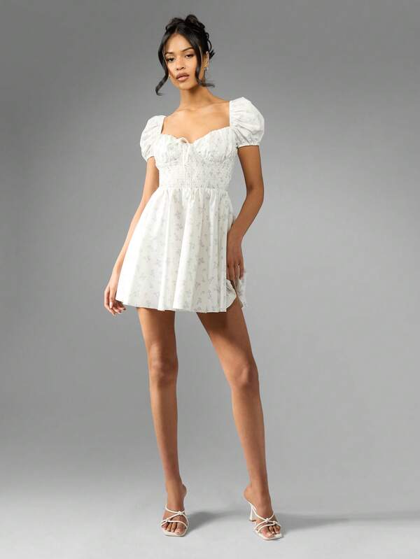 Missguided MISSGUIDED Smocked Waist Puff Sleeve Square Neck Floral Print Empire Waist Mini Dress