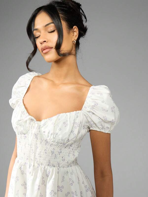 Missguided MISSGUIDED Smocked Waist Puff Sleeve Square Neck Floral Print Empire Waist Mini Dress