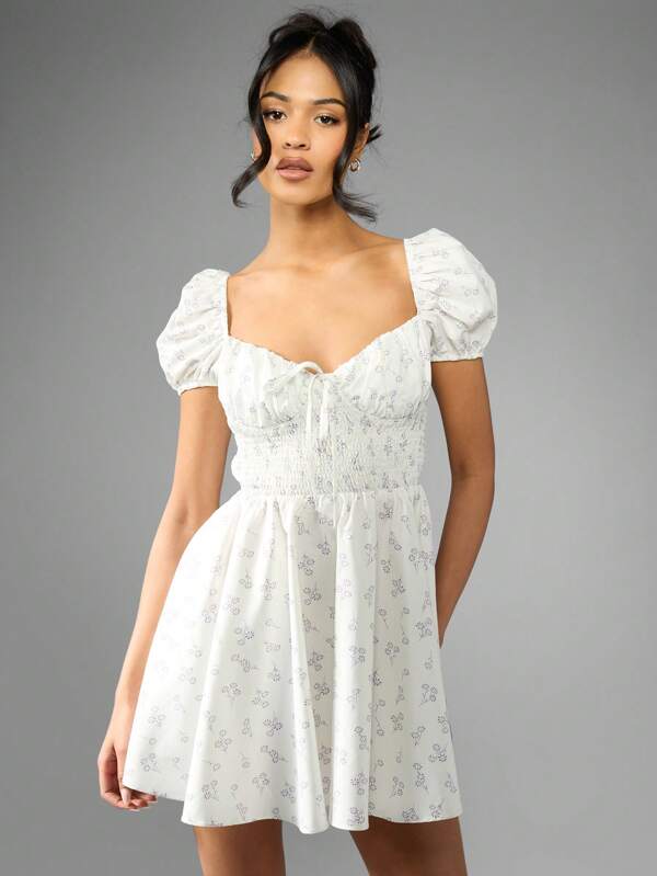 missguided MISSGUIDED Smocked Waist Puff Sleeve Square Neck Floral Print Empire Waist Mini Dress