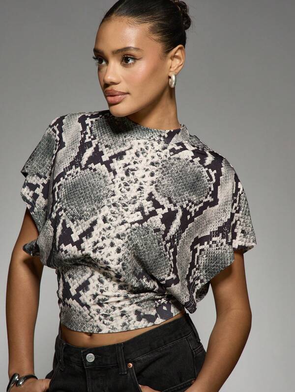 Missguided MISSGUIDED Snake Print Asymmetric Cinched Waist Mock Neck Crop T-Shirt