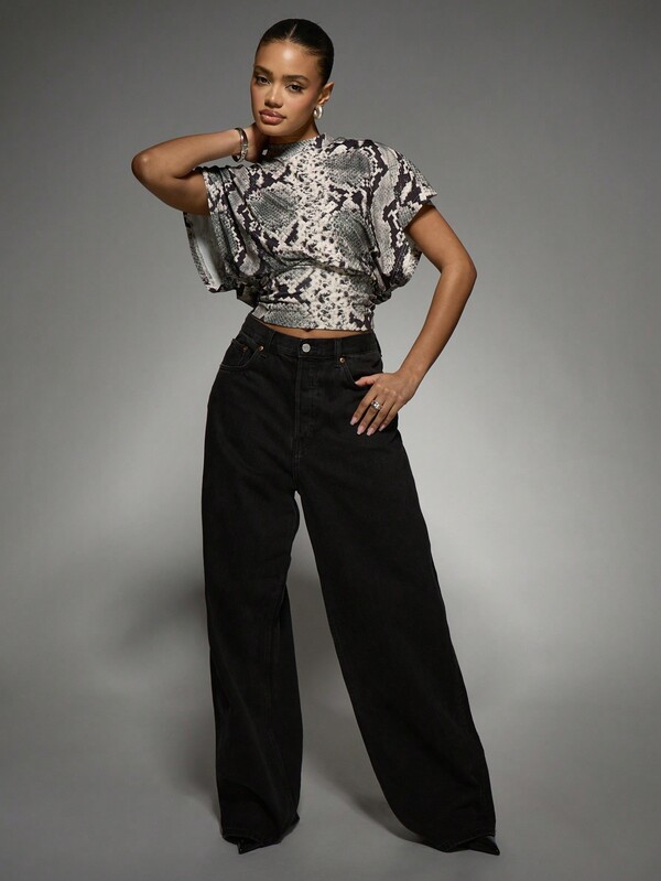 Missguided MISSGUIDED Snake Print Asymmetric Cinched Waist Mock Neck Crop T-Shirt