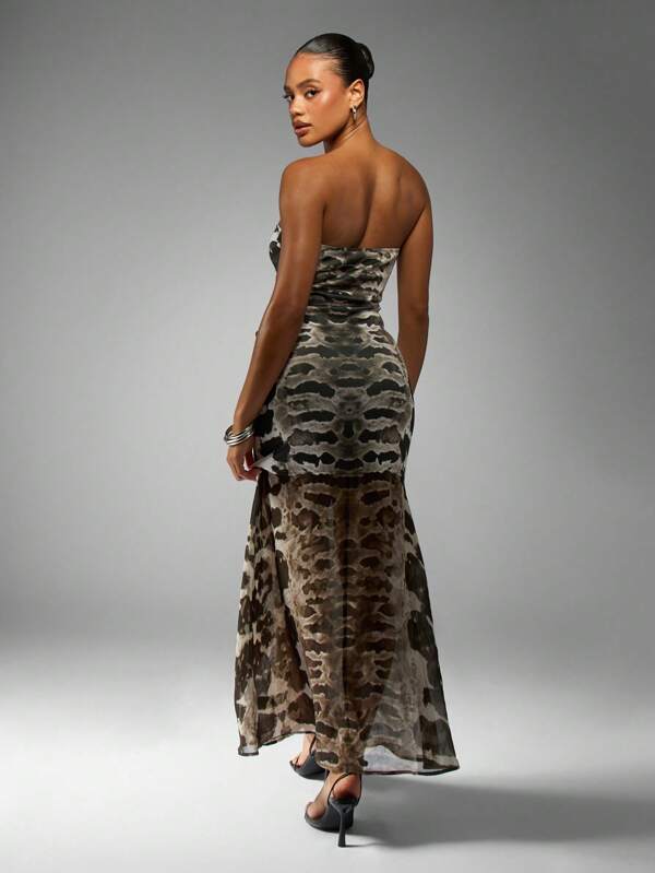 Missguided MISSGUIDED Snake Print Bandeau Maxi Dress With Sheer Hem