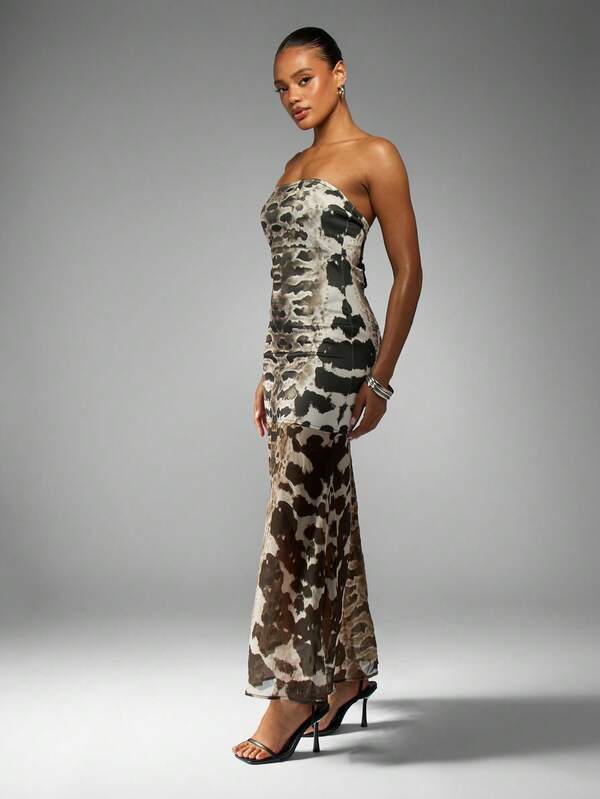 Missguided MISSGUIDED Snake Print Bandeau Maxi Dress With Sheer Hem