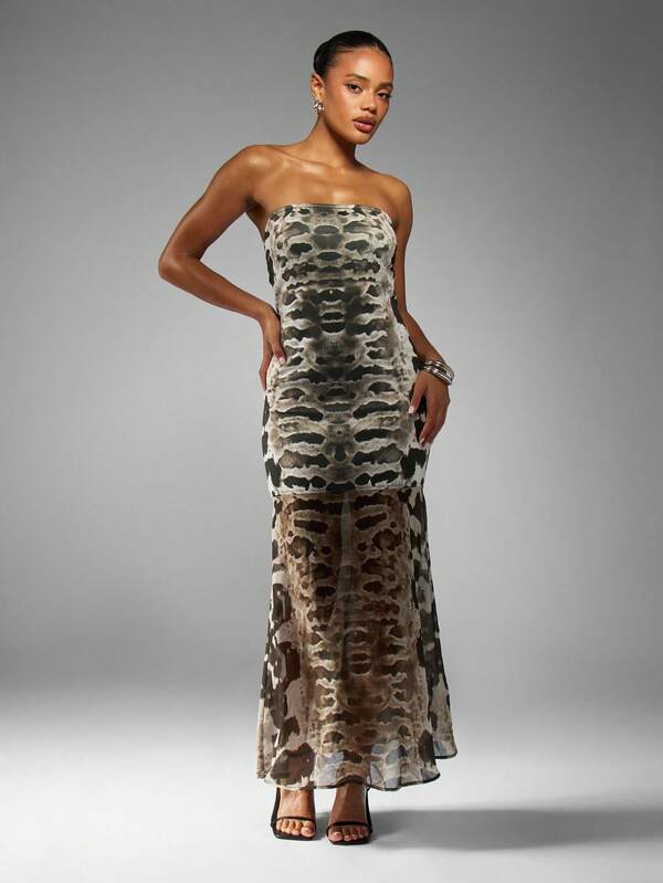 missguided MISSGUIDED Snake Print Bandeau Maxi Dress With Sheer Hem