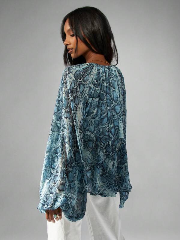 Missguided MISSGUIDED Snake Print Blouse With Balloon Sleeves And Tie Front