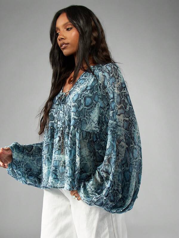 Missguided MISSGUIDED Snake Print Blouse With Balloon Sleeves And Tie Front
