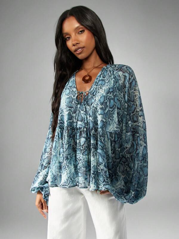 missguided MISSGUIDED Snake Print Blouse With Balloon Sleeves And Tie Front